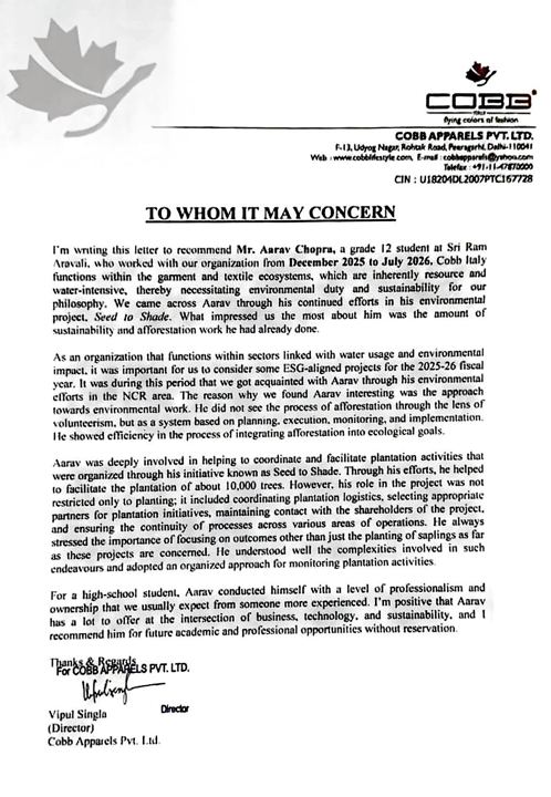Letter of recommendation from COBB Apparels Pvt. Ltd.
